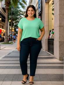 Plus Size Plain Blouse, Casual, Modern, Basic, Current, Contemporary, Viscose/Lycra, For Everyday Work. - VERDE CLARO - Ver 4