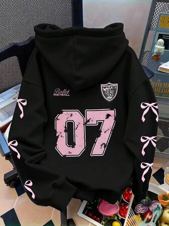 07号蝴蝶结卫衣可爱女式连帽衫黑色，Y2K秋季女装，冬季女装，2025新款秋季女装，女士长袖口袋落肩休闲连帽衫