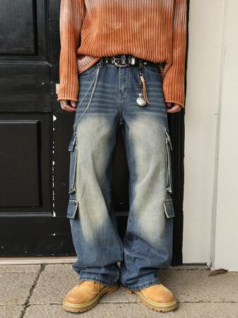 Men's Multi-Pocket Cargo Jeans, Vintage Distressed Casual Street Y2K Wide Leg Jeans, All Season