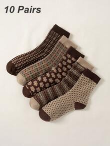 5/10 đôi tất dài đến bắp chân mềm mại, thoải mái họa tiết hoa, họa tiết hình học, họa tiết kẻ caro cổ điển dành cho nữ - màu nâu - Xem 7