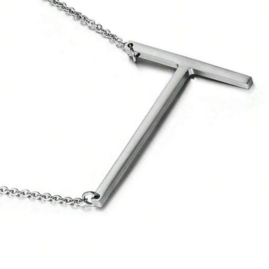 MOMOL Sideways Initial Necklace 18K Gold Plated Stainless Steel Large Big Letters Pendant Necklace Script Name Monogram Necklaces For Women,T - t - 查看 1