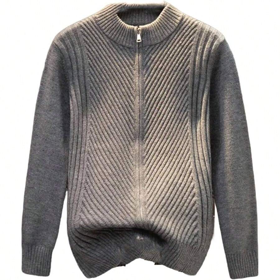 Abrigo de manga larga con cremallera para hombre, abrigo grueso con cuello redondo, chaquetas de punto slido - G + Gris - Ver 1