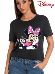 Disney 米妮系列印花休闲时尚短袖T恤，弹力面料，不透光，易于打理，适合日常穿着。 - 黑色 - 查看 3