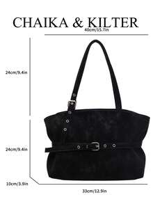 Bolsa tote feminina CHAIKA & KILTER em camurça sintética de cor sólida, estilo retrô, com alça dupla, fechamento em zíper e detalhe decorativo na alça. Ideal para uso diário e em atividades ao ar livre. - Preto - Ver 3