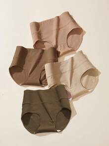 4 piezas de bragas de mujer de unicolor de cintura alta, ropa interior básica simple de algodón puro, bragas sin costuras suaves con control de abdomen de talla grande