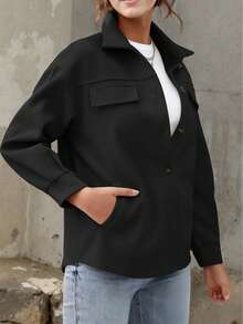 Simple Women's Autumn And Winter Loose Wool Coat - Black - View 2