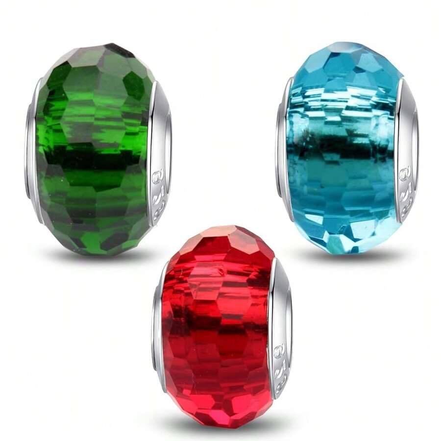MICOO 925 Sterling Silver Charms For Bracelets,Fashion DIY Dangle Pendants Beads Simulated Birthstone Charms,Birthday Gifts For Women,3RedGreenandBlueCharms - 3個紅綠藍吊墜 - 查看 1
