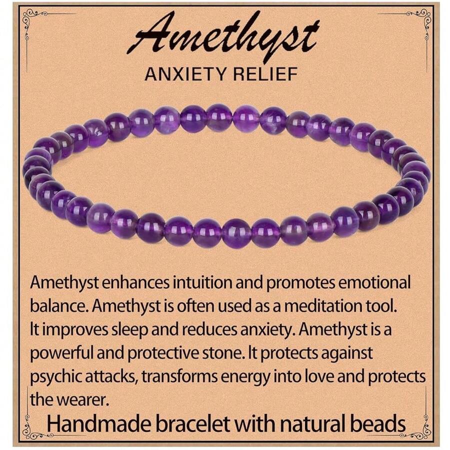 LPBeads Handmade Natural Gemstone Stretch Elastic Bracelet Healing Crystal Round Stone Beads Jewelry Gifts For Women Men,4mm,Amethyst - Amethyst - 查看 1