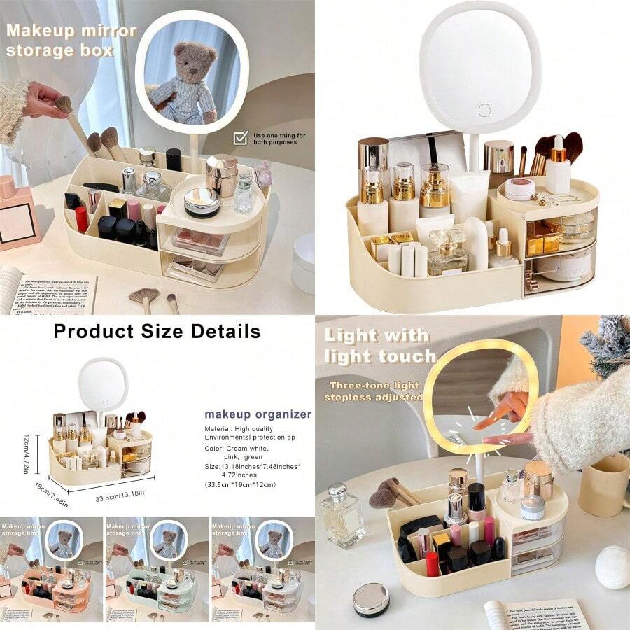 Makeup Organizer With Rechargeable MirrorMakeup Brush Holder With 2 Drawers Skincare And Cosmetics Organizer Countertop Large Capacity Cosmetic Display Case For Vanity Bedroom Bathroom Cream - Cream - View 1