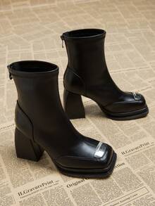 Giày bốt cao gót đế dày kiểu dáng châu Âu & Mỹ mới, thanh lịch dành cho nữ mùa thu/đông 2025, mũi vuông, thích hợp cho mùa thu/đông. - màu đen - Xem 4