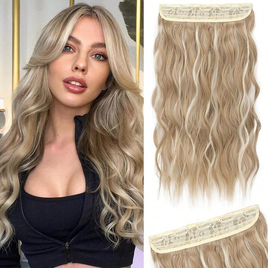 Clip In Hair Extensions, 20" One Piece Hair Extension Clip In Wefts Long Thick Beach Wavy Natural Soft Synthetic Hairpieces For Women, Medium Blonde With Highlights,MediumBlondewithHighlight-Wavy - 中等金色挑染波浪捲髮 - 查看 1