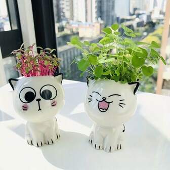 1pc Ceramic Mini Cat Shaped Planter - Cute Cartoon Cat Design With Drainage Hole, Polished Modern Style Suitable For Succulents, Herbs, Desktop Decor, Durable Pottery, Small Pot, Office Workers
