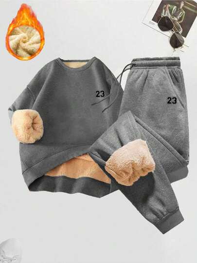 Conjunto de sudadera y pantalones de unicolor casual de uso diario con forro de sherpa, de manga larga y estampado, para invierno
