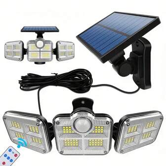 1个太阳能感应安防灯 - 3头122颗IP54 LED灯珠，可调光，半嵌入式塑料壁灯，带遥控器、太阳能电池板和锂离子电池，适用于室内/室外、露营、庭院、街道、门廊、阳台等场所。