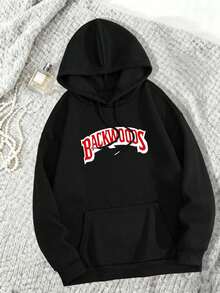 母親節圖案插畫印花,休閒女裝束口連帽衫 - 黑色 - 查看 1