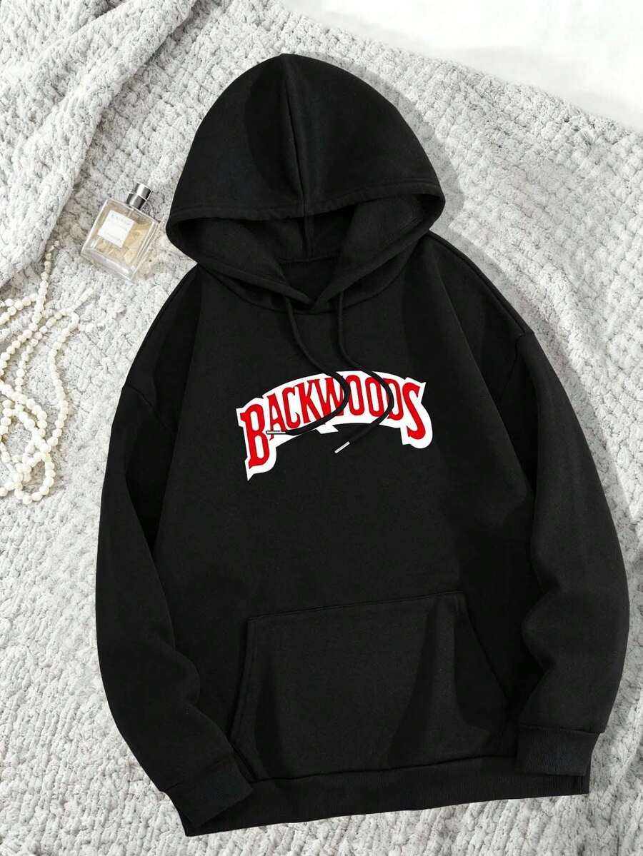 母親節圖案插畫印花,休閒女裝束口連帽衫 - 黑色 - 查看 1