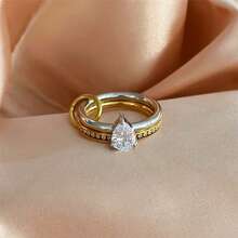 VKHK 1 قطعة خاتم دائرتين مزين بالزركونيا، مطلي بالذهب الأصفر عيار 18 قيراط من الفولاذ المقاوم للصدأ، مناسب للاستخدام اليومي والزفاف للنساء، هدية - متعدد الألوان - مشاهدة 14