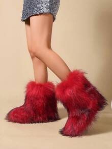 Women's Faux Fur Boots Furry Mid Calf Fur Boots Comfortable Outdoor Flat Shoes Winter Warm Plush Surface Snow Boots - 紅色 - 查看 2