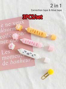 1/3 piezas Cinta correctora y cinta de pegamento con diseño de patita 2 en 1, herramientas correctoras blancas, cinta adhesiva doble cara en rollo, para diario, álbum, regalo de niños, oficina, escuela, vuelta al cole - Multicolor - Ver 14