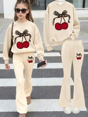 2pcs Set Girl Sweet & Cool Cherry Print Sweatshirt Set, Soft And Skin - Friendly, Spring & Autumn Daily Casual Wear