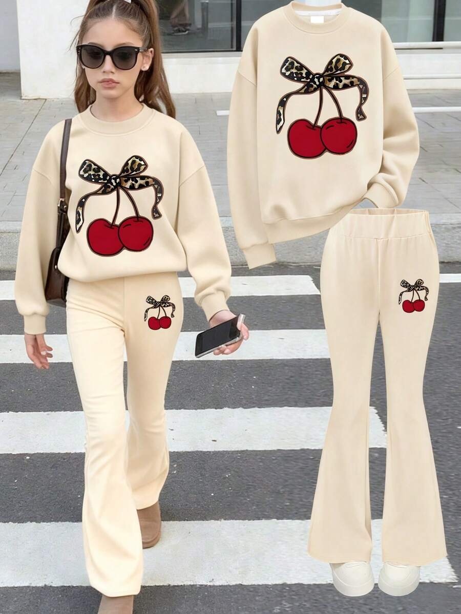 2pcs/Set Girls Sweet & Fresh Cherry Print Sweatshirt Set, Soft & Skin-Friendly, Casual Everyday Wear For Spring & Autumn - Apricot - View 1