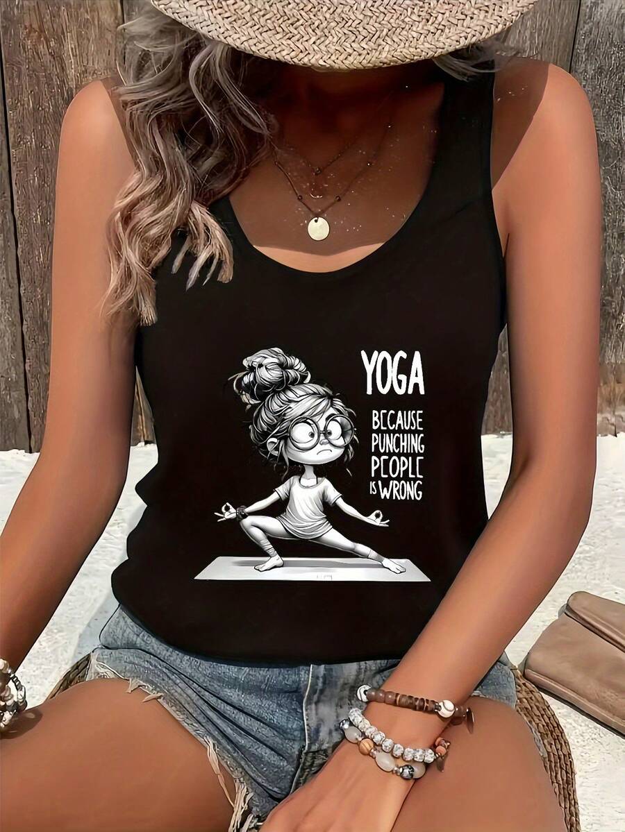 Women'S Black Sleeveless Tank Top With Cartoon Yoga Print - Yoga Because Punching People Is Wrong White Text, Comfortable Casual Summer Wear, Round Neck, Geometric Pattern, Sporty Design, Sporty Casual Wear Humorous Graphic Vest Comfortable Fabri - màu đen - Xem 1