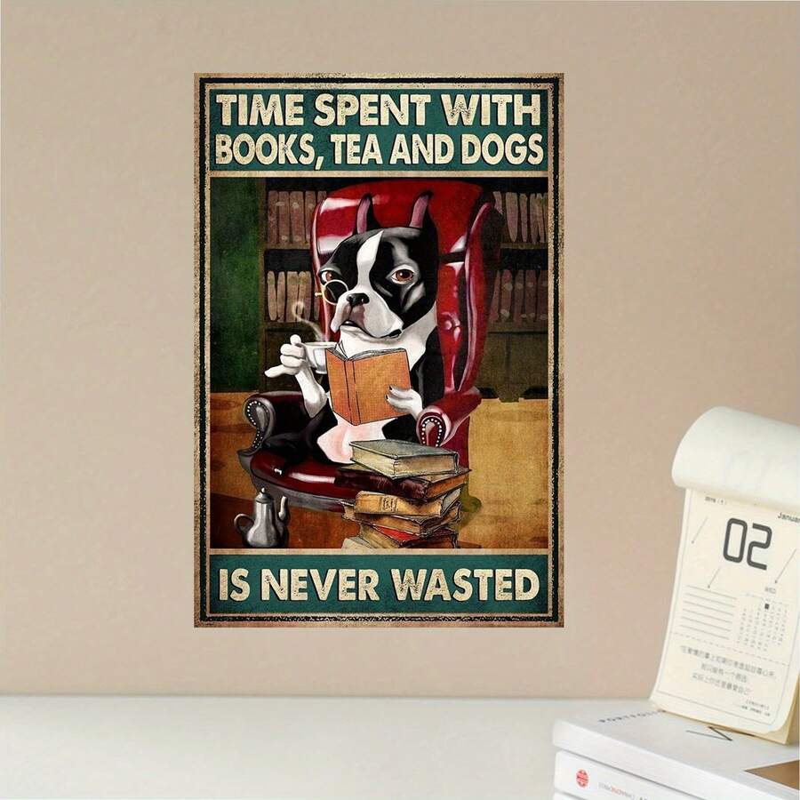 1pc Boston Terrier Reading Books & Tea Dogs Frameless Canvas Wall Art - 12x18 Inch Vintage-Style Dog Lover Gift, Library Study Living Room Bedroom Office Decor With "Time Spent With Books, Tea & Dogs" - Nhiều màu - Xem 1