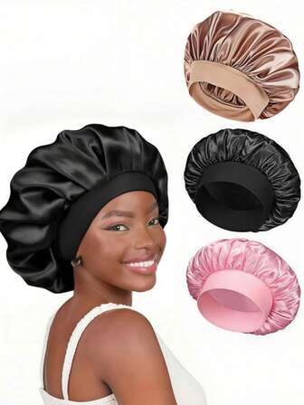 3pcs/1pc Silk Sleep Cap, Satin Hair Cap, Soft Elastic Band Silk Sleep Cap, Curly Hair Silk Headband, Women Solid Color Wide-Brim Elastic Silky Satin Fashion Sleep Cap, Casual Comfortable Breathable Daily Style Hair Care Cap, Back To School