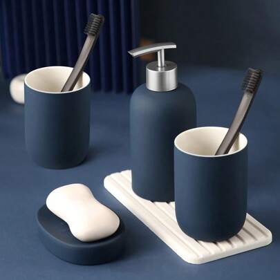 4-Piece Blue Ceramic Bathroom Set, Soap Dispenser With Soap Dish And 2 Tumblers, Bathroom Countertop Organizer