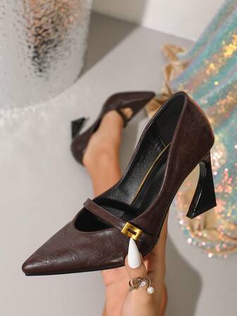 Brown & Gold Contrast Pointed Toe Stiletto Heels, Vintage Gold Buckle Mary Jane High Heels For Women