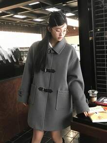 黑色 Polo 领大衣，女士高端外套，秋冬款 - 灰色 - 查看 3