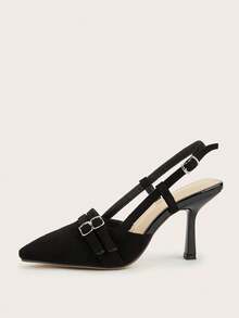 Tacones de aguja de ante sintético negro con decoración de hebilla de metal, versátiles para uso diario, banquetes, fiestas, bombas de moda para mujeres - Negro - Ver 4