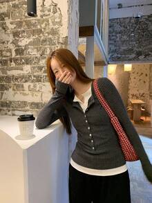 时尚女士二合一针织毛衣上衣 - 灰色 - 查看 2