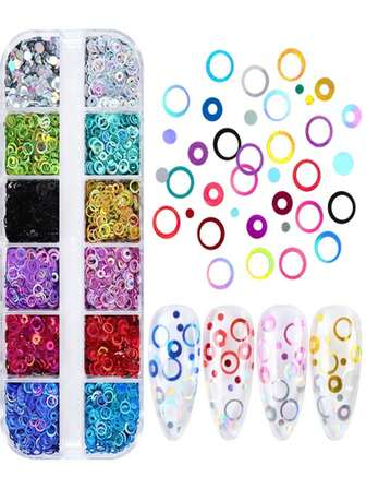 Caja con 12 compartimentos de lentejuelas huecas y circulares holográficas para decoración de uñas, pegatinas de arte de uñas con purpurina de colores y burbujas