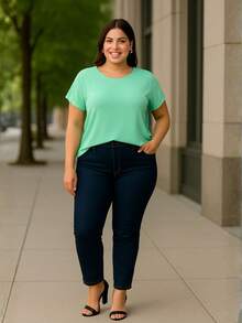 Plus Size Plain Blouse, Casual, Modern, Basic, Current, Contemporary, Viscose/Lycra, For Everyday Work. - VERDE CLARO - Ver 3