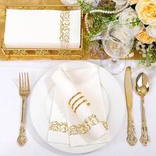 50PCS Gold Napkins Disposable - White And Gold Paper Napkins - Cloth-Like Feel Dinner Paper - Elegant Heavy Duty Hand Towels For Bathroom Than1ks 1giving Party Bridal Decorative Reception,White-1 - 白色-1 - 查看 9