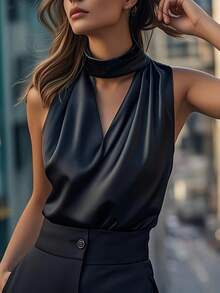 优雅无袖V领垂褶镂空梭织面料常规长度女式衬衫，黑色，夏季款 - 黑色 - 查看 2