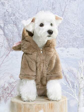 熊图案抓绒连帽可爱宠物外套