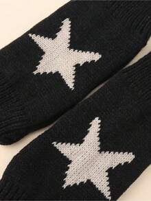 1 Pair Women's Star Print Fingerless Thumb Hole Knitted Wrist Length Mitten Gloves,  And Comfortable Fabric, Y2K Style Halloween - Black - View 3