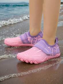 Summer New Kids Shoes, Girls' Pink Water Shoes, Elastic Breathable Mesh Fabric With Fashionable Striped Print, Low-Top Slip-On With Hook And Loop Design, Barefoot Beach Swimming Shoes, Wear-Resistant Rubber Sole For Outdoor Cycling, Indoor Yoga & Skipping Training - Watermelon Pink - View 4