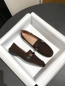 Mengshangli 女士平底套脚乐福鞋，休闲皮革船鞋，英伦风 - 巧克力棕 - 查看 1