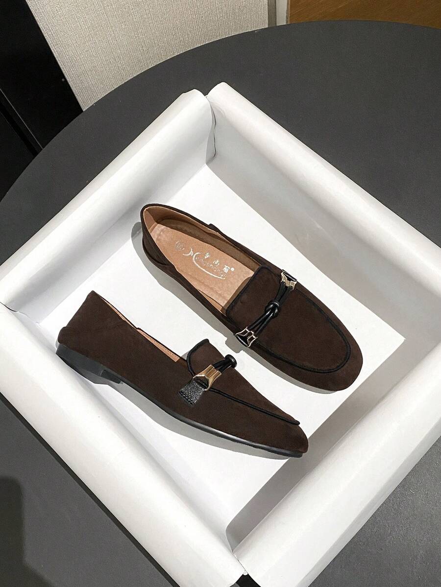 Mengshangli 女士平底套脚乐福鞋，休闲皮革船鞋，英伦风 - 巧克力棕 - 查看 1