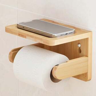 免钻孔竹制壁挂式卫生纸架，带手机架，无需钻孔，节省空间，适用于浴室、厨房、家居装饰，天然材质。