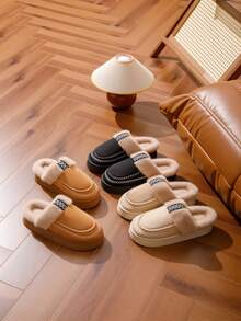 女士冬季室内拖鞋，休闲柔软绒面内里家居拖鞋，秋冬季 - 黑色 - 查看 6