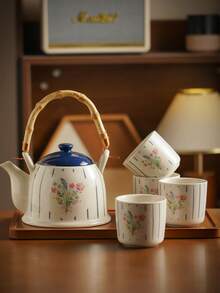 DearDali Original Striped Floral Ceramic Tea Set, Minimalist French Style With Bamboo & Wood Handle Teapot, Household Tea Set For Entertaining Guests Or Personal Use, Living Room Decor Teapot & Cups, Ideal For Tea Lovers