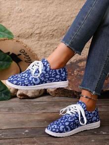 Lace-Up Casual Christmas Spring/Autumn New Cross-Border Floral Print Canvas Shoes, Comfortable Round Toe Fashion Sneakers For Women - Blue - View 4