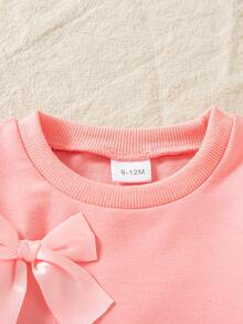 2pcs Baby Girls' Casual Solid Color Bow Decor Long Sleeve Top And Printed Faux Denim Pattern Pants Set, Spring/Autumn - Pink - View 3