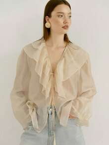 Ins Hot Apricot Sheer Organza Blouse Women's Ruffled V-Neck Tie Front Long Sleeve Top, Elegant Loose Fit Frill Trim Shirt For Daily Streetwear Date, Soft Transparent Chiffon Blouse Match Jeans Skirts, Spring Summer Autumn French Style Casual Blouses - Khaki - View 9