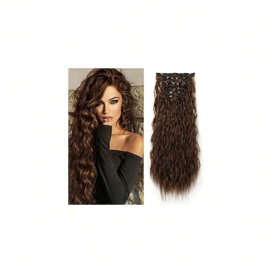 Clip In Hair Extensions, 6PCS Curly 24inch Long Synthetic Clip On Hairpiece For Women-Dark Brown With Copper Highlights,DarkBrownwithCopperHighlights - 深棕色帶銅色高光 - 查看 1
