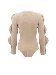 Women's New Black V-Neck Asymmetrical Metal Button Wavy Long Sleeve Asymmetric Hem Striped Textured Sexy Casual Office Knit Sweater, Autumn/Winter - Apricot - View 9